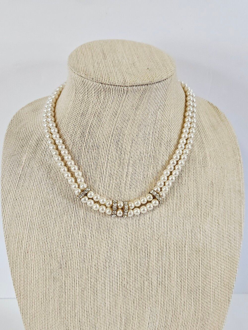 Vintage Double Strand Crystal Rhinestone Accent Pearl Beaded Necklace Choker